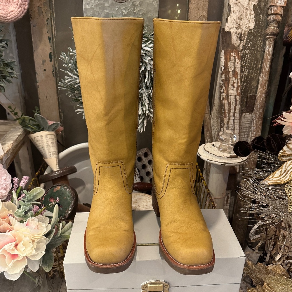 FRYE & CO MIRANDA 14 VEGAN ANTIQUED LEATHER CAMPUS BANANA KNEE HIGH TALL BOOT - Picture 3 of 16